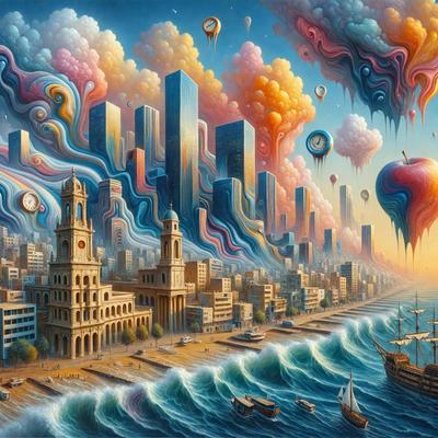 The primary subject of the image is a cityscape with a large building and a clock tower. The setting is a beach with a body of water, and the visual style is a painting or digital art. The colors and mood of the image are vibrant and lively, with a mix of blue, pink, and orange hues.